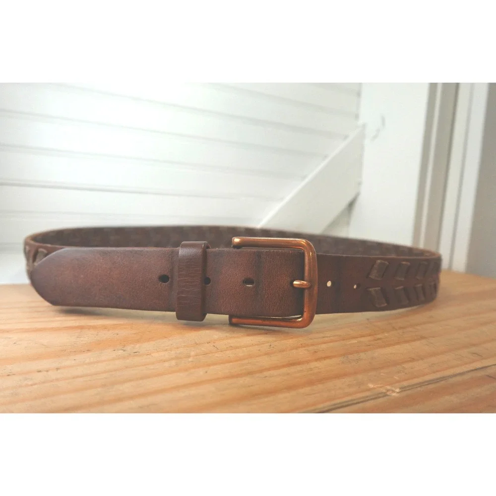 Brown Leather Chevron Braided Belt Men's XL Copper Buckle Two-Tone Vintage Boho